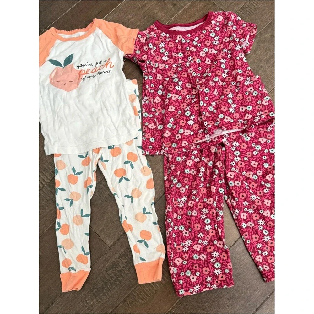 Kids Peach & Floral Pajama Set - Pink/Peach Matching PJs Toddler Girls 3T Lot